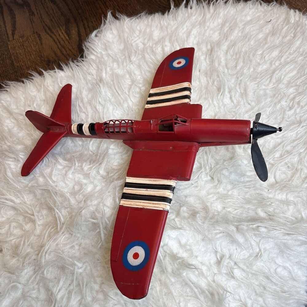 Vintage Handmade Metal Airplane Model RAF Style Red Fighter Plane Aviation Decor